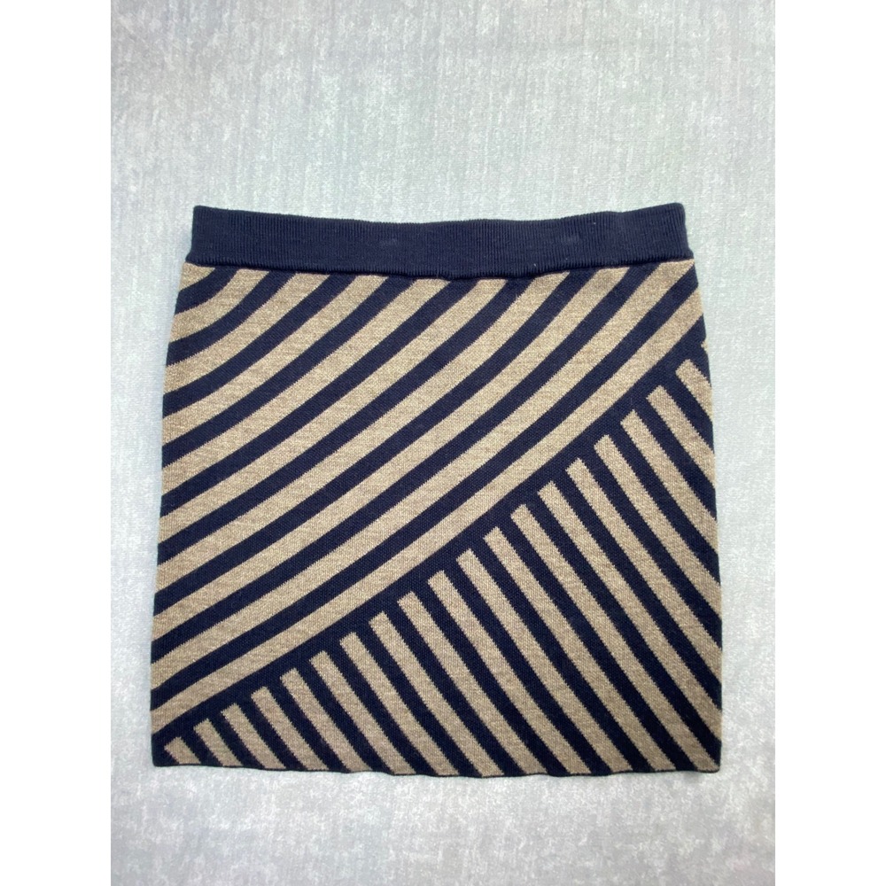 Cynthia Rowley Navy Tan Striped Merino Wool Blend Knit Mini Skirt Womens Medium